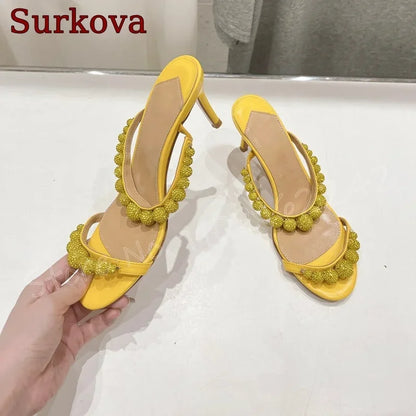Green Pearl High Heel Slippers Open Toe Round Head Shallow Mouth Slippers Elegant Casual Luxury Dress Women'S Shoes Summer New