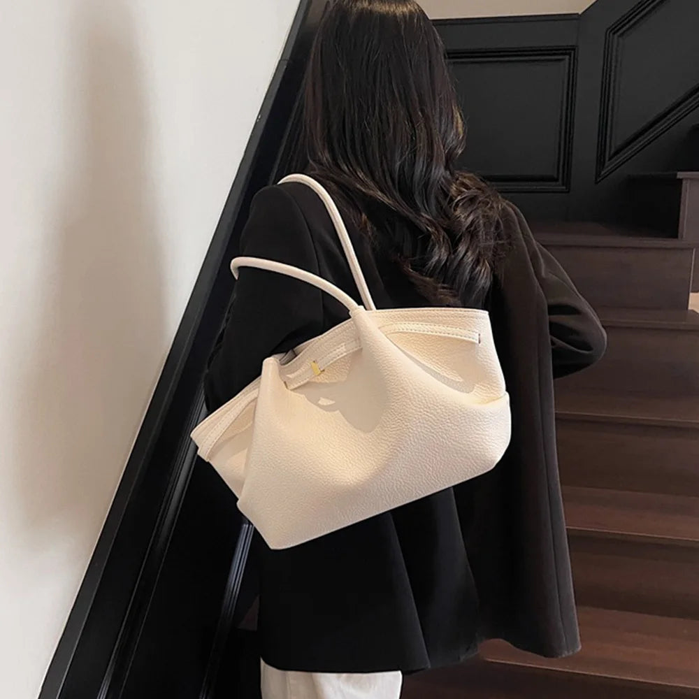 Luxury Lychee Pattern Underarm Shoulder Bags PU Leather Solid Color Women's Handbags Large Capacity Tote Bag Travel