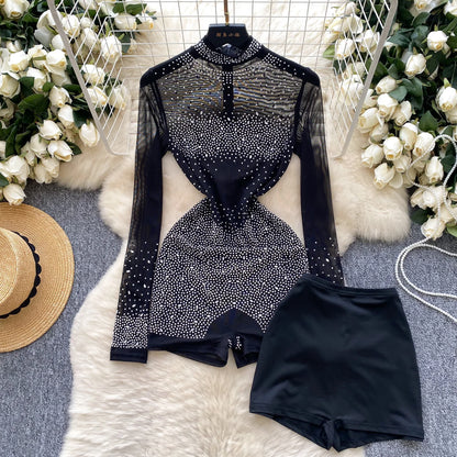 SINGREINY Summer Thin Sheer Sexy Bodysuit Long Sleeve Zipper With Shorts Design Rompers Beadings Streetwear Women Mesh Playsuits