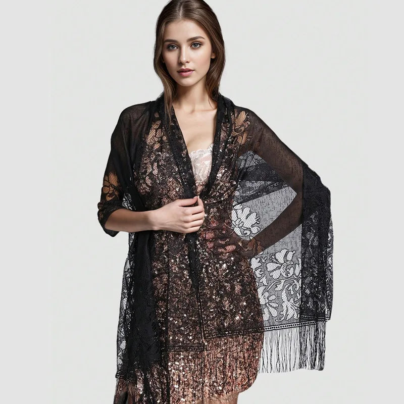 Female Breathable Floral Lace Long Scarf Tassel Fringe Shawl Wrap Flower Headscarf Muslim Hijabs Scarfs Women Headband Bandana