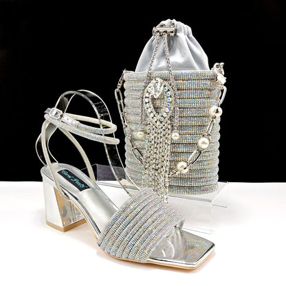 Stylish And Special Olive Bright Bag Match Women's Sandals Set With Big Diamond Tassels And Long And Short Double Chains