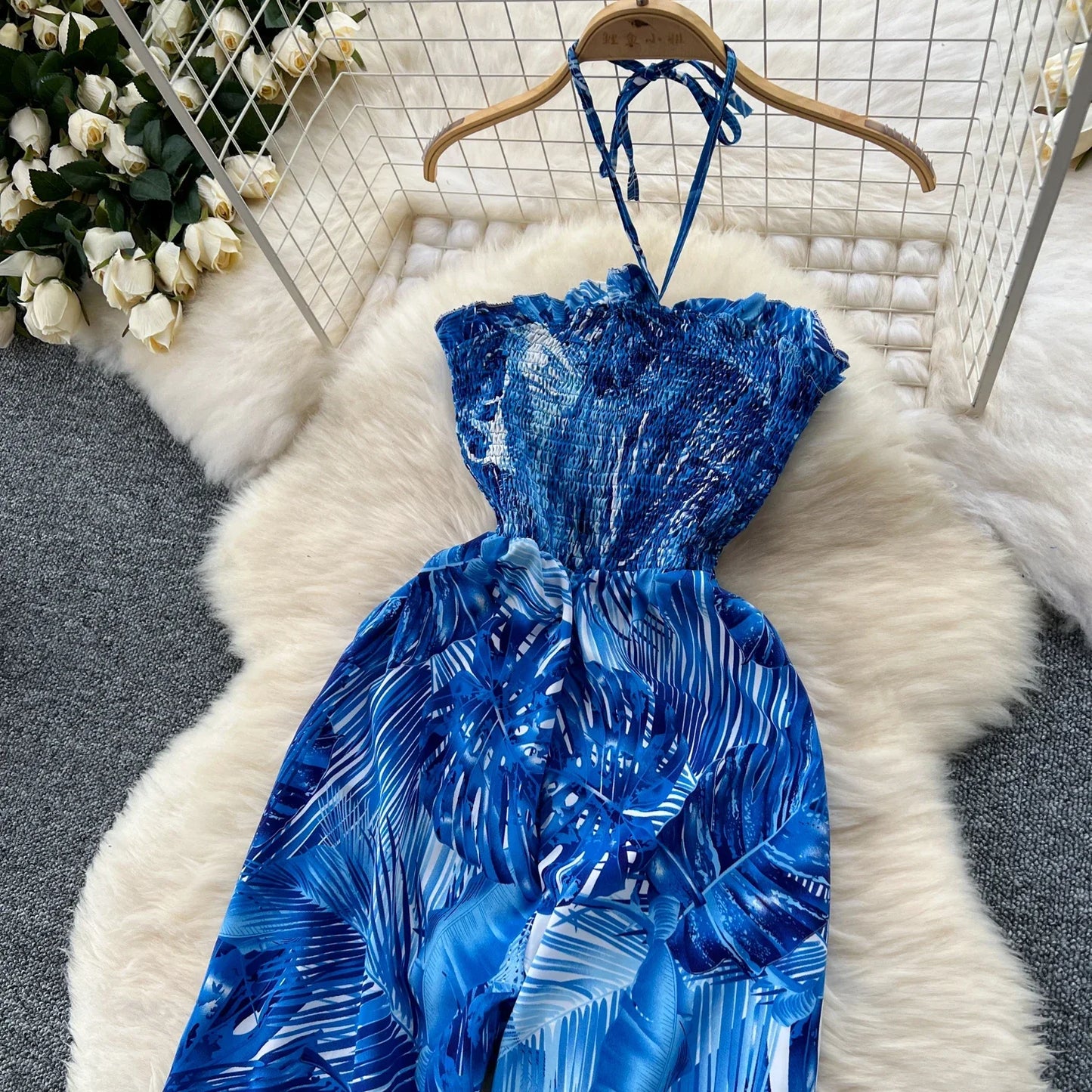 2024 New Summer Sexy Bohemian Leaf Print Jumpsuits Women Sleeveless Sexy Long Jumpsuit Mujer Casual Holiday Beach Rompers