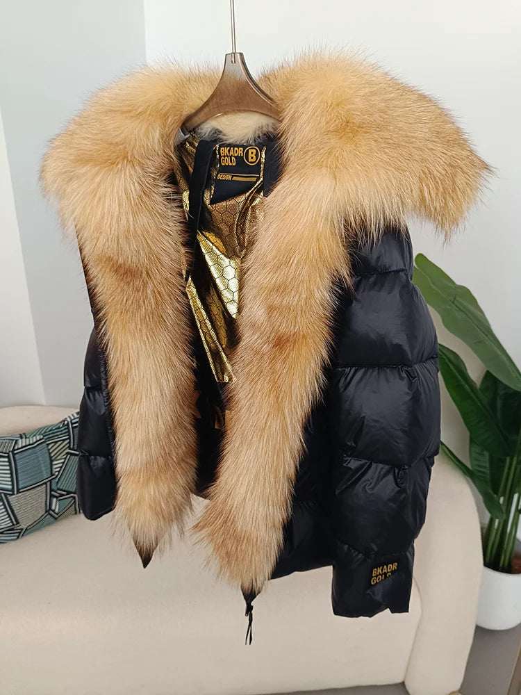 OFTBUY Real Fox Fur Collar Hooded Winter Women White Duck Down Short Jacket Black Gold Female Thick Warm Coat Luxury Outerwear