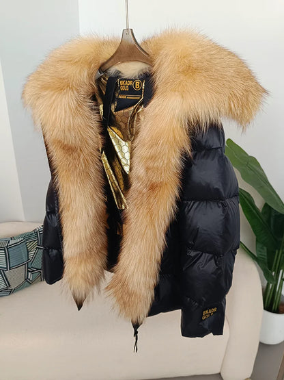 OFTBUY Real Fox Fur Collar Hooded Winter Women White Duck Down Short Jacket Black Gold Female Thick Warm Coat Luxury Outerwear