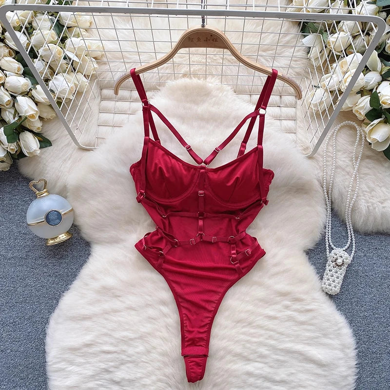 CHILLGIO Women Sexy Lace Strappy Rompers Lingerie One Piece Combination Bodycon Catsuits Sheer Fashion Solid Push Up Bodysuits