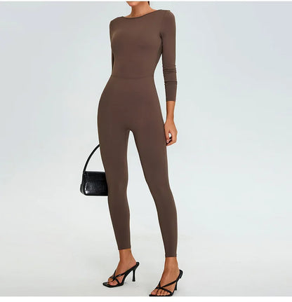New Summer Sexy V Back Gym Sports Jumpsuit Yoga Clothes Rompers Women Long Sleeveles Workout Bodysuits Backless One-piece Suit