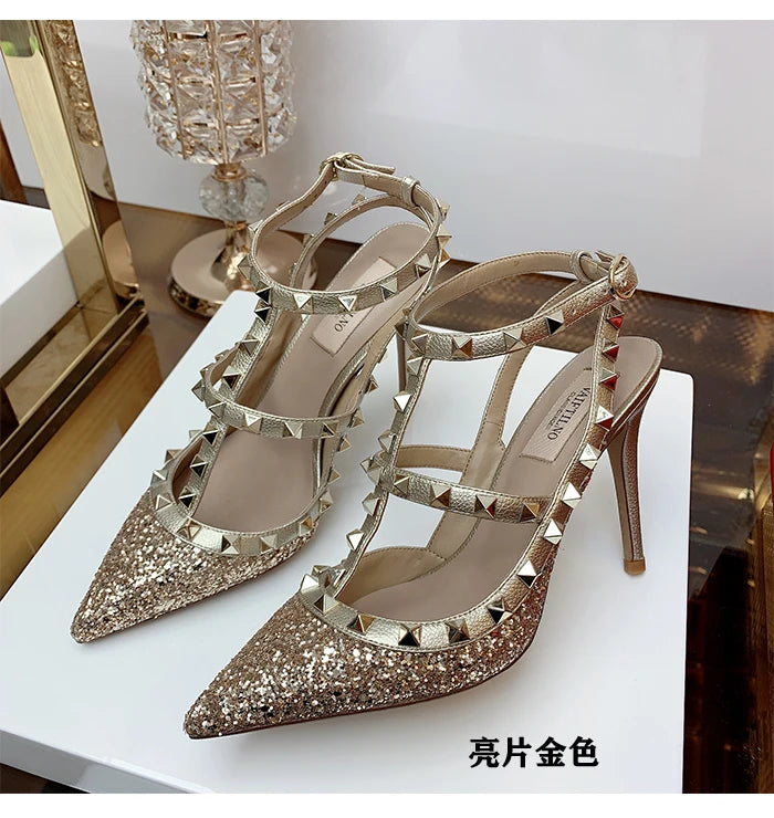 Women's Gladiator sandals Summer 2026 Luxury With Ankle Strap Pointed Toe Fashion Rivet High Heels Party Ladies Shoes Women 10cm