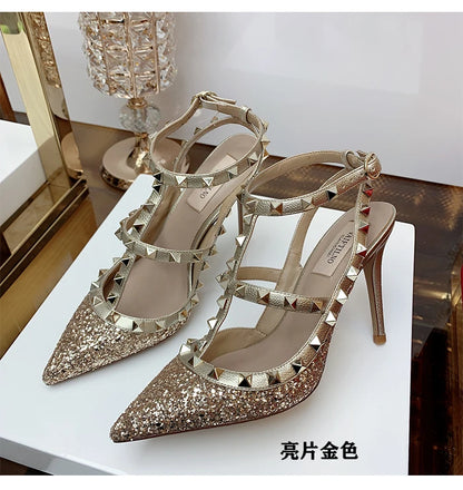 Women's Gladiator sandals Summer 2026 Luxury With Ankle Strap Pointed Toe Fashion Rivet High Heels Party Ladies Shoes Women 10cm