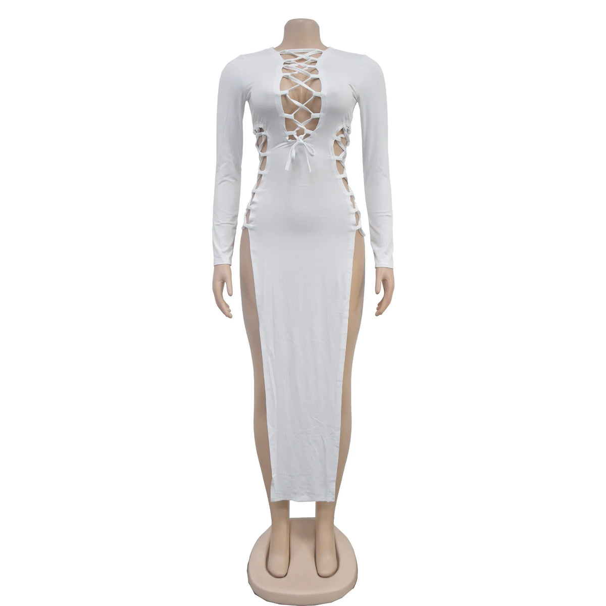 HLJ Sexy Solid Hollow Out Bandage Slit Bodycon Mid Dresses Women Round Neck Long Sleeve Slim Vestidos Fashion Party Club Clothes