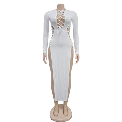 HLJ Sexy Solid Hollow Out Bandage Slit Bodycon Mid Dresses Women Round Neck Long Sleeve Slim Vestidos Fashion Party Club Clothes