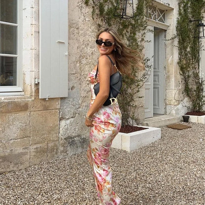 New Floral Suspender Split Slim Sleeveless Patry Beach Style Spaghetti Strap Dress Women Clothes Mini Dress 2024 Summer