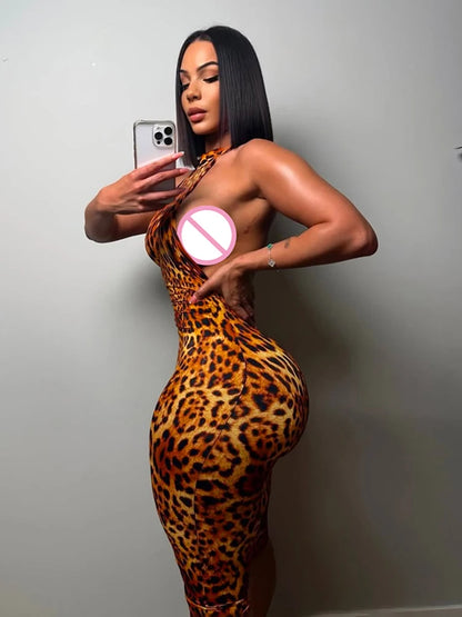 Kliou Colorful Print Playsuits Woman Bandage Halter Backless Skinny Peach Hip Female Midnight Club Party Sexy Fashion Rompers