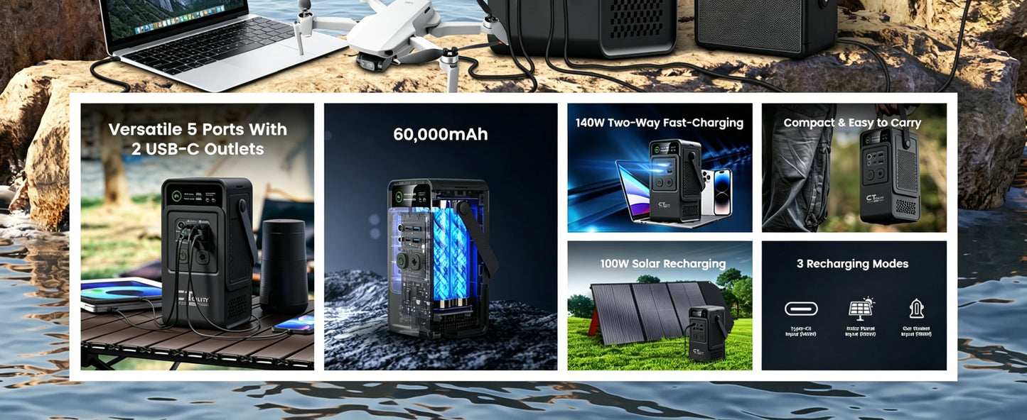 CTOLITY AP200 Portable Power Bank 192Wh 200W LiFePO4 Battery with SPC100 100W ETFE 20.5V Flexible Solar Panel Camping Travel RV