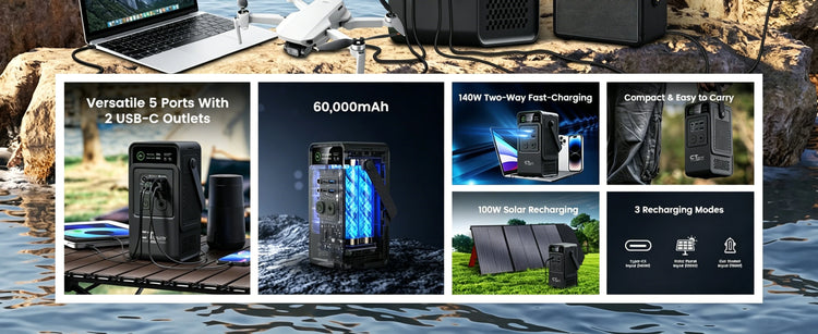 CTOLITY AP200 Handheld Portable Solar Generator 200W 192Wh Lifepo4 Battery 60000mAh Power Bank Camping 140W Ultra Fast Charging DC Charger