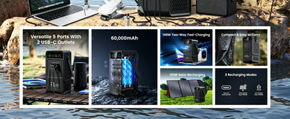 CTOLITY AP200 AP1000 Black style 200W/1800W Portable Power Station 192Wh/1024Wh 60000mAh/320000mAh LiFePO4 Battery Solar Generator UPS Function Emergency Power Supply for Camping Outdoor