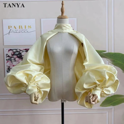 Puffy Sleeves Satin Bolero Topper Blouse Cover Arms Fashion Green Jacket Cloak Short Shawl High Neck With Buttons Customize