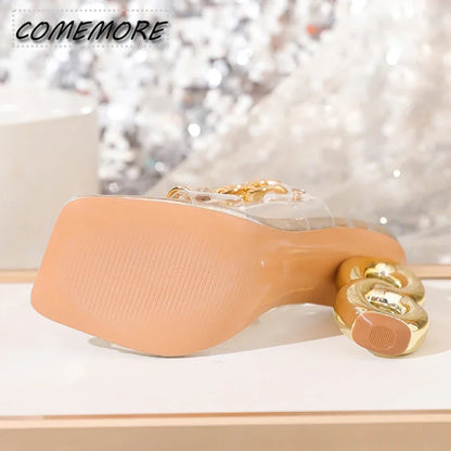 New Style Luxury Fashion Strange Fretwork Heels Slippers PVC Transparent Shoes Women's Slides Fashion Metal Chain Summer Sandals