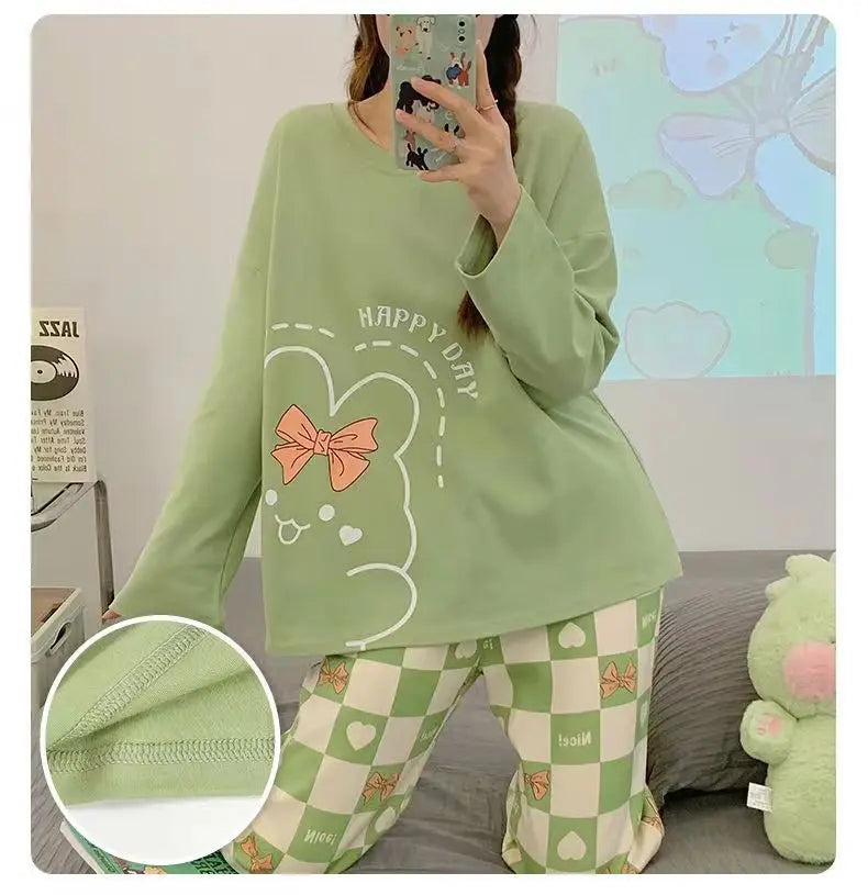 Spring and Autumn New Women's Pajamas Homewear Suit Girls Thin Section Long-Sleeved Students Big Yards Cartoon Loose Pajamas