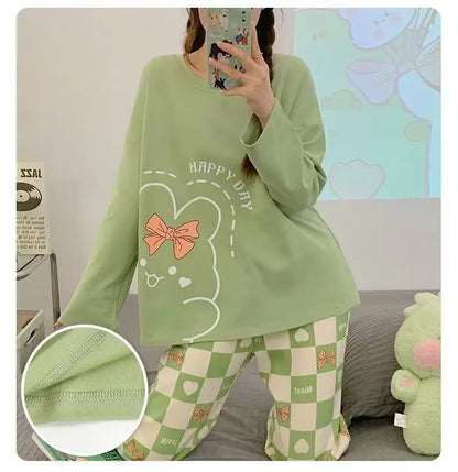 Spring and Autumn New Women's Pajamas Homewear Suit Girls Thin Section Long-Sleeved Students Big Yards Cartoon Loose Pajamas