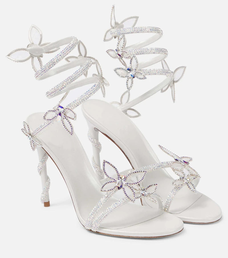 Luxury Crystal Embellished Butterfly Detail Women Sandals Sexy Coiled Strap Thin High heels Gladiator sandals Summer Party Shoes