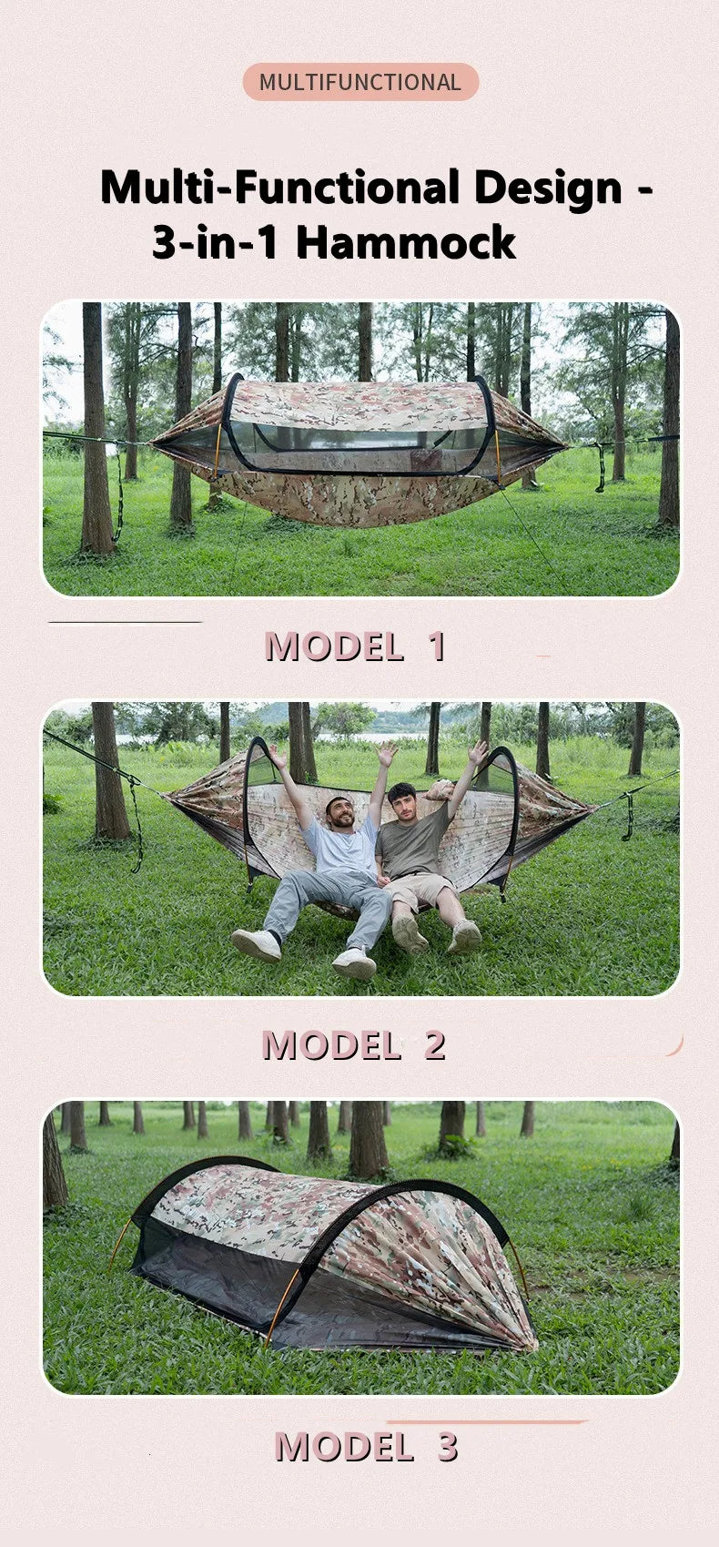 2025 TRAVELER NEW MC Camo Hammock Tent Set with Mosquito Net & Sunshade - Anti-Roll Design for 1-2 Person Outdoor Camping