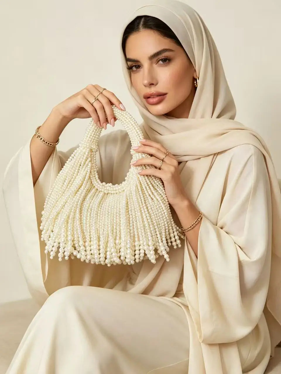 Luxury Handmade Faux Pearl Beaded Evening Clutch, Vintage Fringe Detail Shoulder Bag, Elegant Party Wedding Handbag for Women
