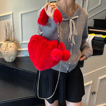 Large Capacity Fur Handbag Heart Shape Ladies Shoulder Bag Fashionable Cute Soft Zipper Closure Interior Phone Pocket