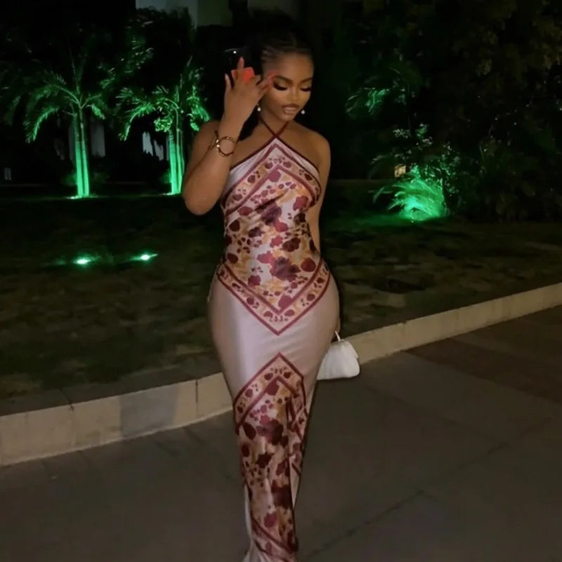 Y2K Hot Girl Tie Halter Satin Mermaid Maxi Dress Floral Scarf Print Backless Bodycon Vacation Women Slip Summer Evening Dresses