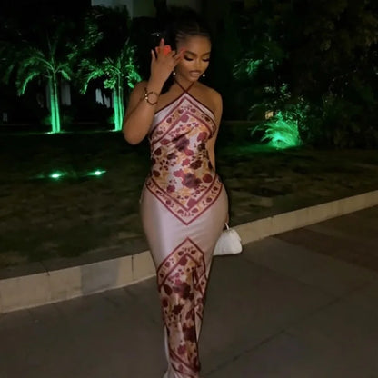 Y2K Hot Girl Tie Halter Satin Mermaid Maxi Dress Floral Scarf Print Backless Bodycon Vacation Women Slip Summer Evening Dresses