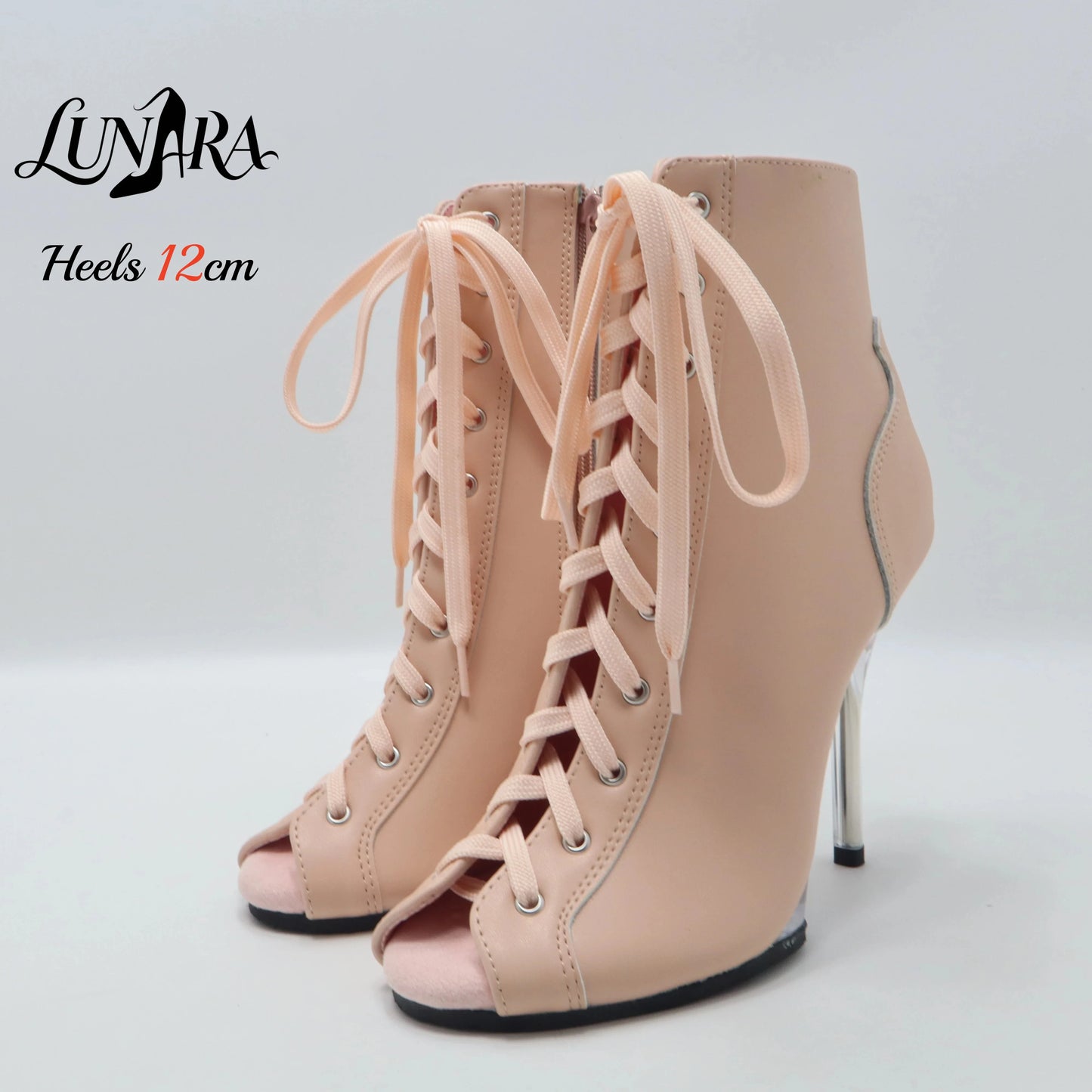 12cm/5Inch Plus size Beige PU Leather Lace-up Side zipper Peep toe High Stilettos Ankle boot Pole dancing Nightclub Rave Parties