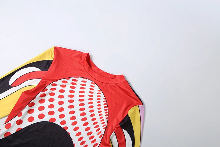 Sisterlinda Trend 2 Piece Set Women Sexy Colorful Print O-Neck Full Sleeve Patchwork T-Shirt+Polka Dot Bike Short Streetwear