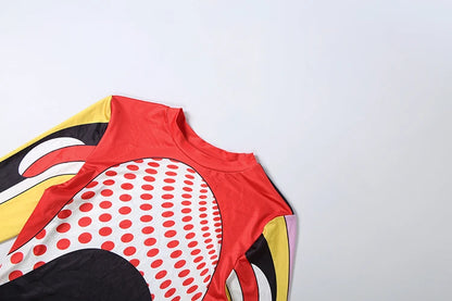 Sisterlinda Trend 2 Piece Set Women Sexy Colorful Print O-Neck Full Sleeve Patchwork T-Shirt+Polka Dot Bike Short Streetwear