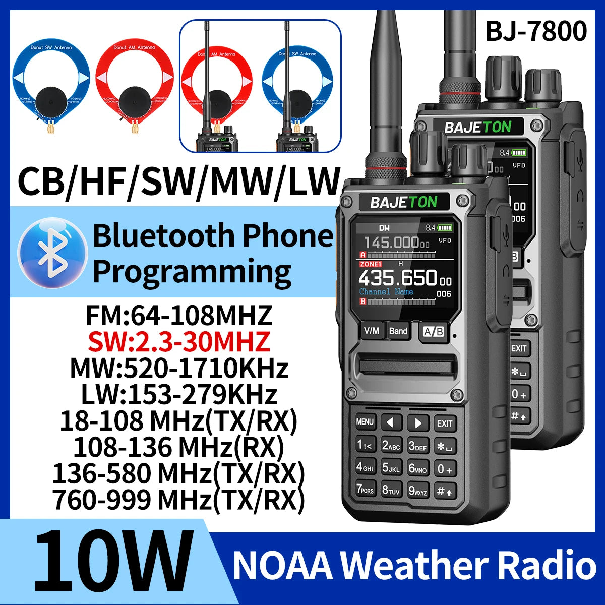 1/2PCS BAJETON BJ-7800 Walkie Talkie 10W AM/FM Bluetooth Phone Programming Long Range SW MW LW AM SSB CB For RT-920 Ham Radio
