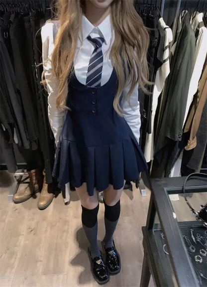 Japan And Korea College Style Jk Set Women's Long Sleeve Shirt Pleated Skirt Strap Dress Set Two Piece Set School Jk Uniform