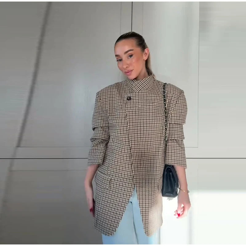 Plaid Cropped Trench Coat Lapel Collar Double Breasted Belted Waist Long Sleeve Women All-match Coats 2026 Autumn Commute Outfit