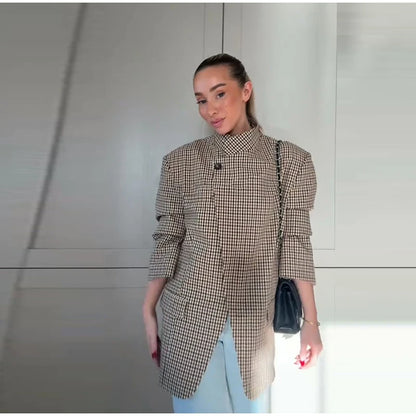 Plaid Cropped Trench Coat Lapel Collar Double Breasted Belted Waist Long Sleeve Women All-match Coats 2026 Autumn Commute Outfit
