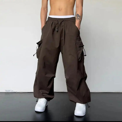 American High Street Summer Loose Straight Parachute Pants Men Solid Elastic Waist Pocket Casual Motion Wide Leg Cargo Trousers