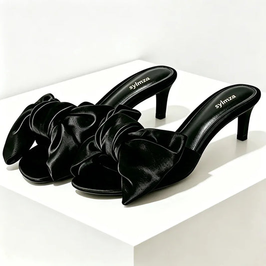 Fashion Satin Bow Detail Mules Sandals Women High-quality Open-Toe Kitten-Heel Slippers for Ladies Luxury Brand Designer Shoes