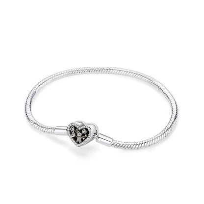 Original 925 Sterling Silver Bracelets Bangles Love Heart Clip Charms Beads Snake Chains For Women Rose Gold DIY Luxury Jewelry