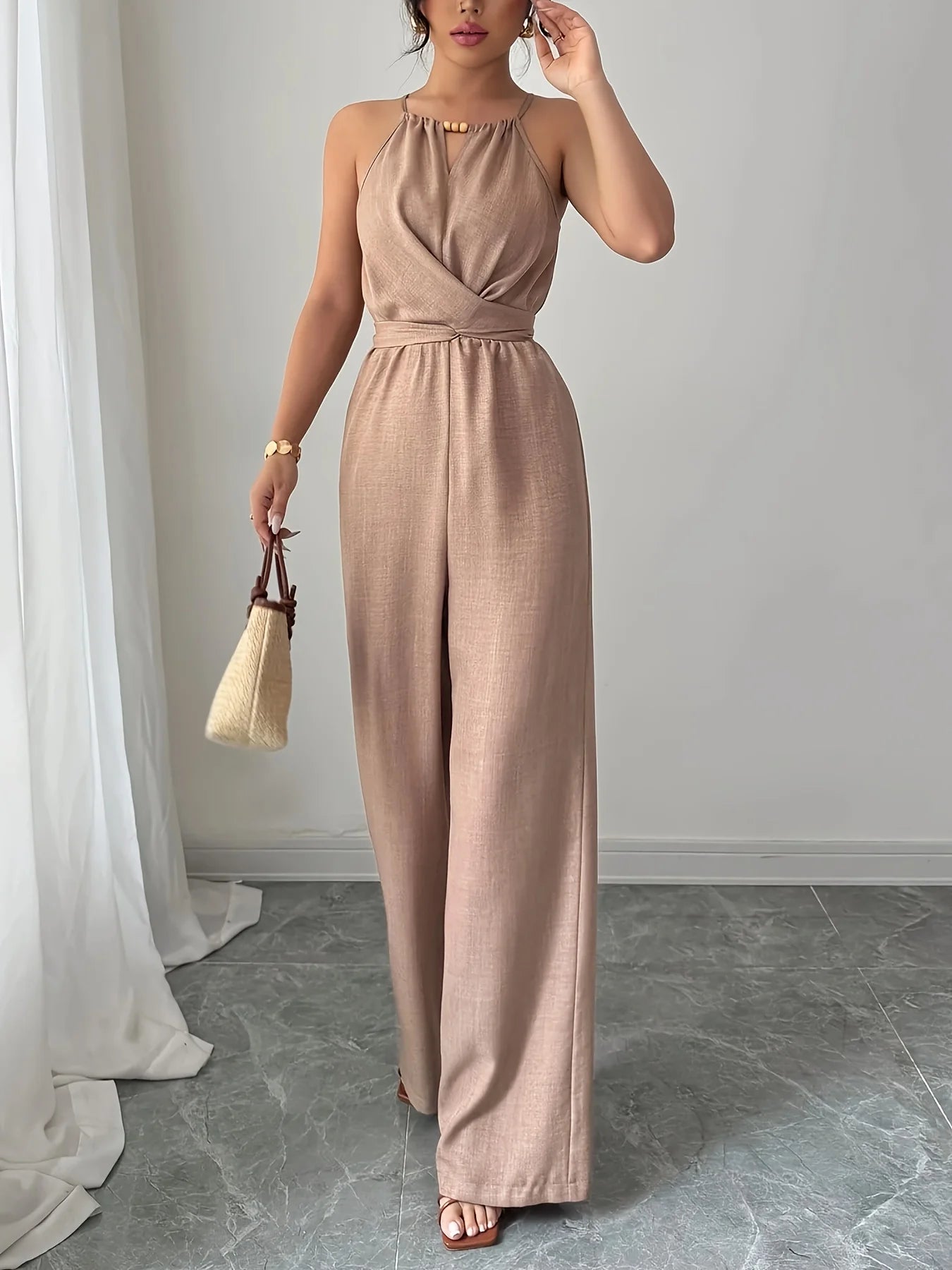 Women's Spring/Summer Casual Pleated Fabric Halterneck Beaded Waist Button and Tie Design Maxi Jumpsuit