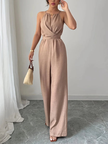 Women's Spring/Summer Casual Pleated Fabric Halterneck Beaded Waist Button and Tie Design Maxi Jumpsuit