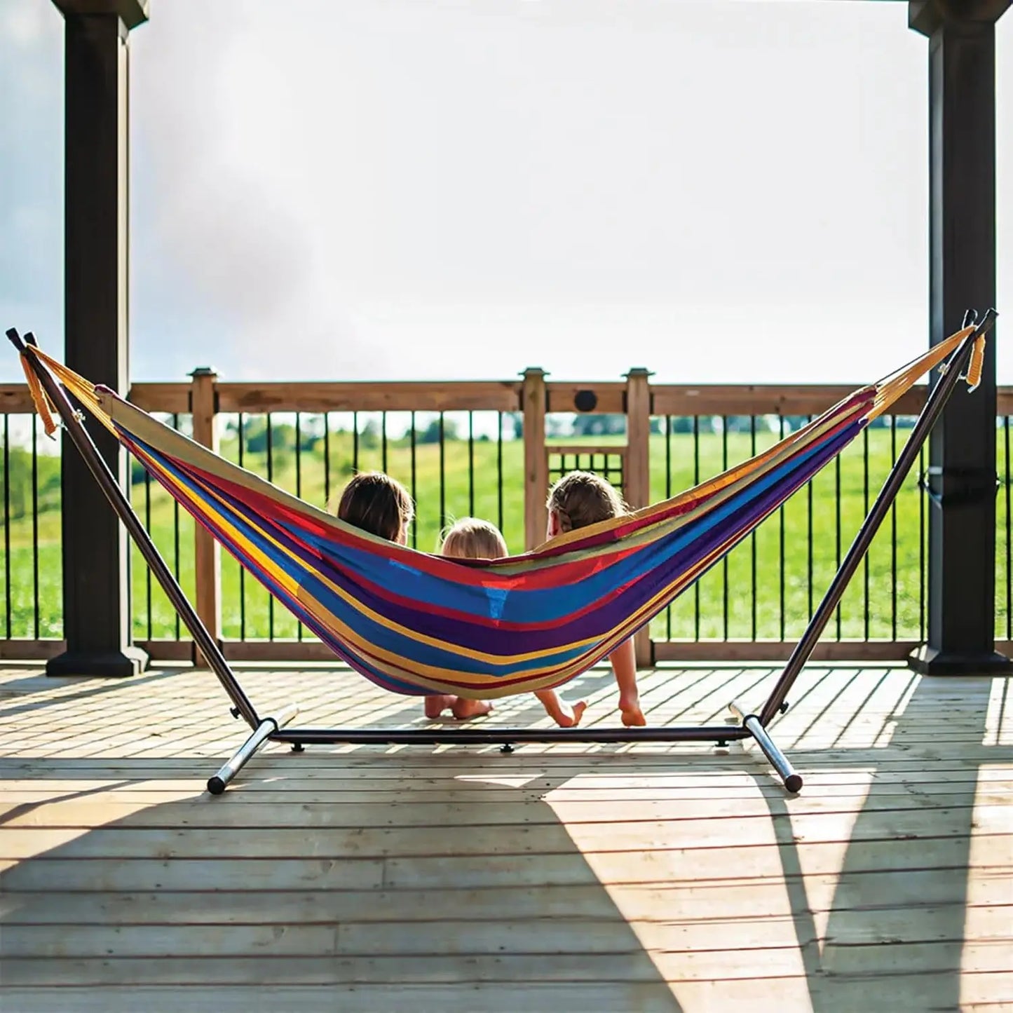 Double Cotton Hammock with Steel Stand, 450 lb Capacity, Portable with Carry Bag