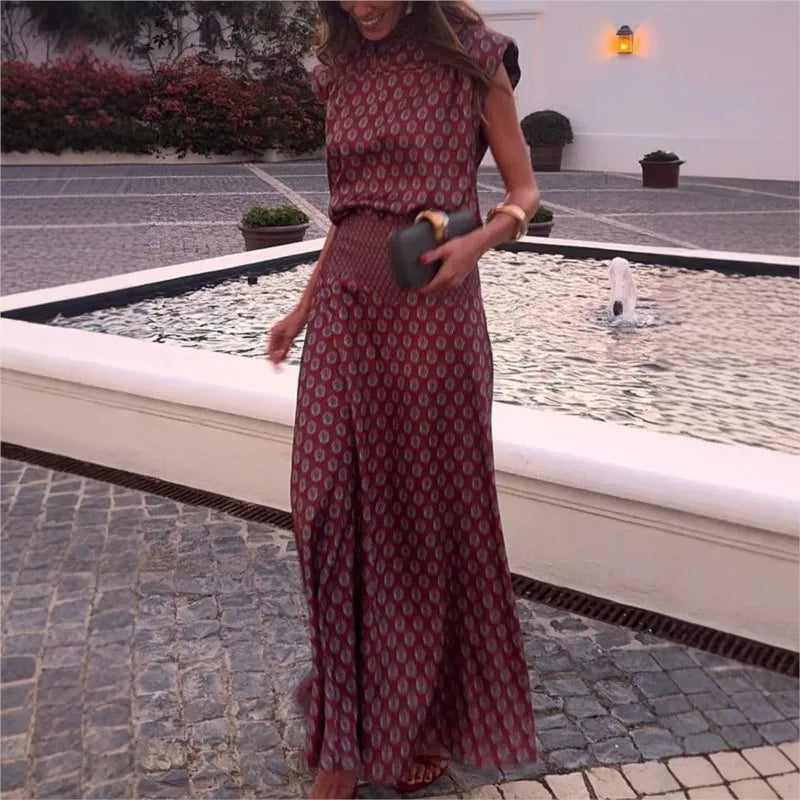 Vintage Printed Slim Office Commuting Suit Casual Loose Top+High Waisted Skirt 2pc Set Elegant Semi High Neck Sleeveless Outfit