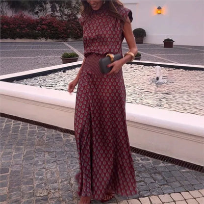 Vintage Printed Slim Office Commuting Suit Casual Loose Top+High Waisted Skirt 2pc Set Elegant Semi High Neck Sleeveless Outfit