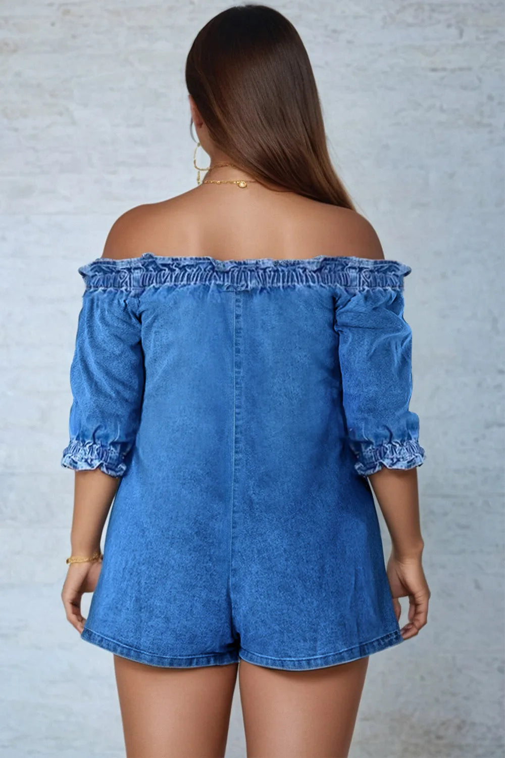 Plus Size Vacation Blue Casual Off The Shoulder Puff Sleeve Half Sleeve Pocket Denim Rompers