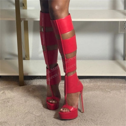 Pink Black Hollow Out Summer New Knee High Boot Women Round Toe Stiletto Heel Platform Back Zipper Elegant Party Dress Sandals