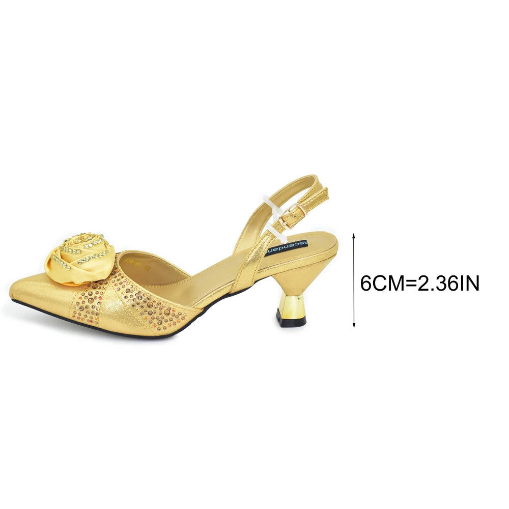 Luxury Italian Shoes and Bag Set for Women Pointed Toe High Heels Party Dress Female Pumps Decorated with Handmade Flowers