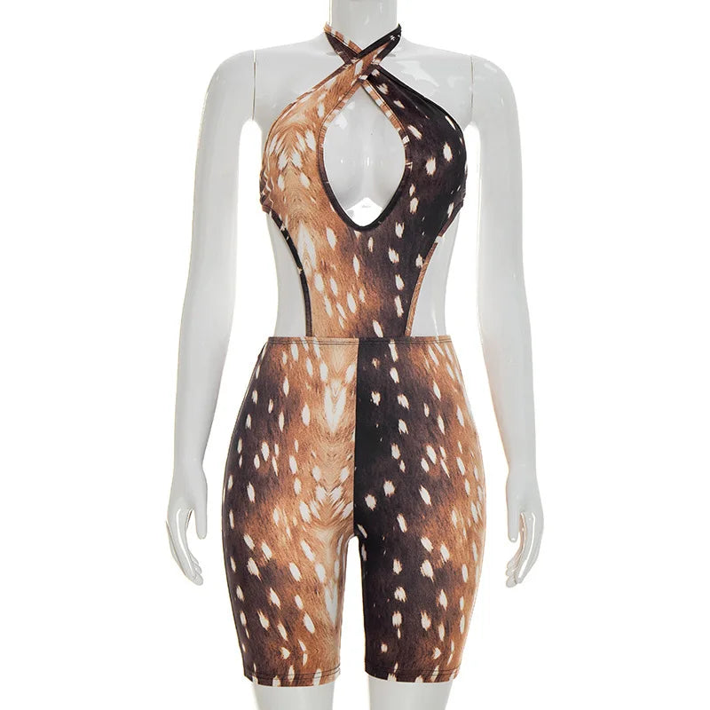 FAGADOER Deer Print Sexy Hollow Out Romper Hot Girl Bandage Halter Shorts Backless Bodycon Jumpsuits New Trendy Streetwear