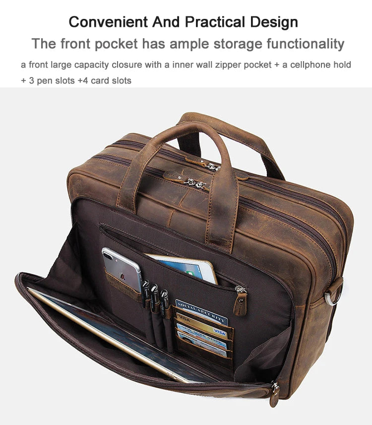 High Quality Genuine Leather Men Briefcase Business bag Crazy Horse Leather Large 17"inch Laptop Bag male Portfolio Office Case