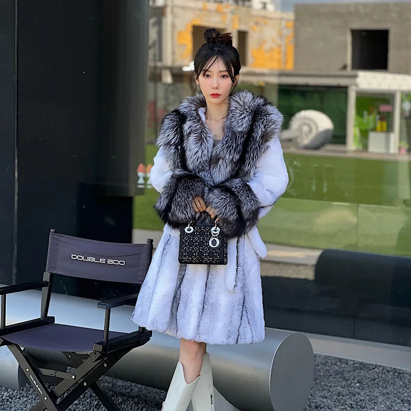 Winter Women Real Rabbit Fur Coat Long Natural Rabbit Fur Jacket Fox Fur Collar and Cuff Thick Warm Ladies Overcoat